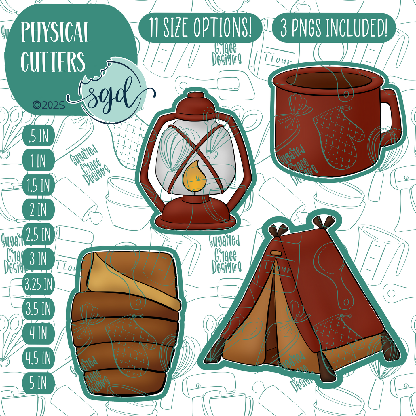 Camping Cookie Cutter Set of 4 with PNG Images to Match - Hand Drawn Graphics for Edible Ink Printers