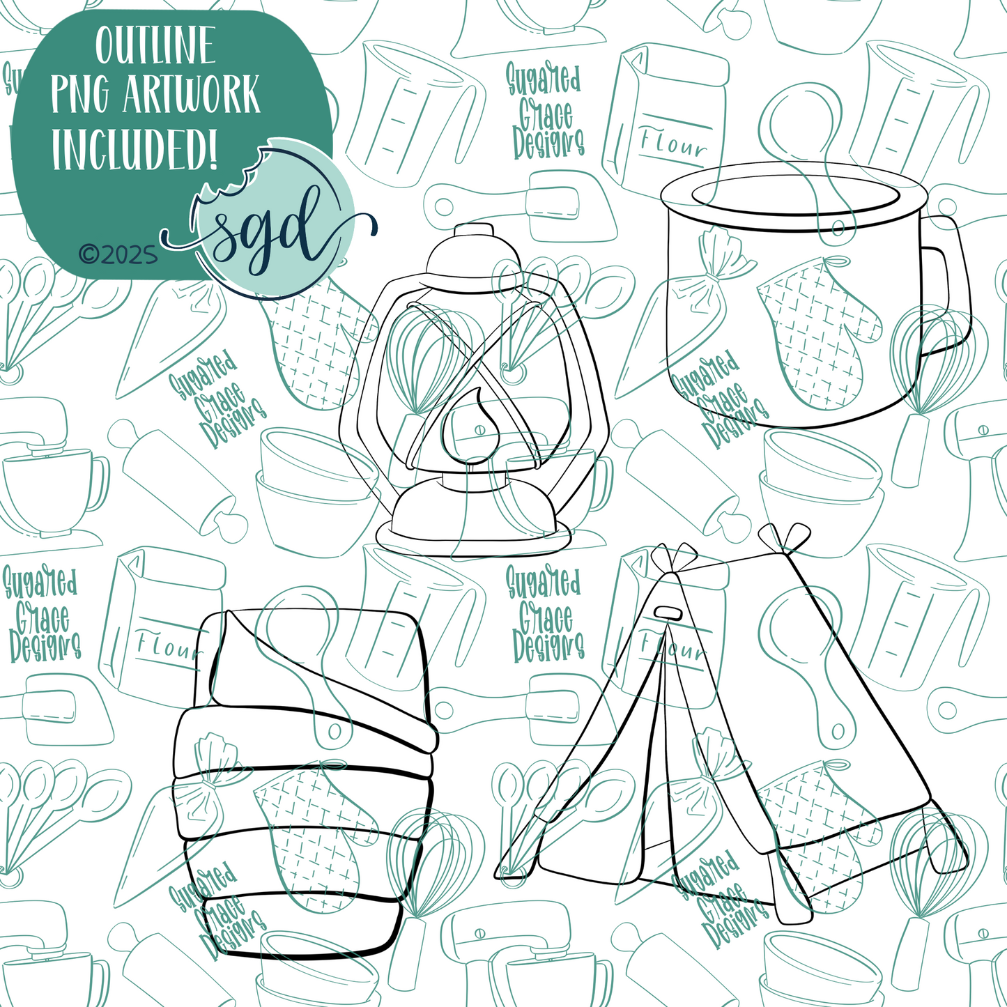 Camping Cookie Cutter Set of 4 with PNG Images to Match - Hand Drawn Graphics for Edible Ink Printers