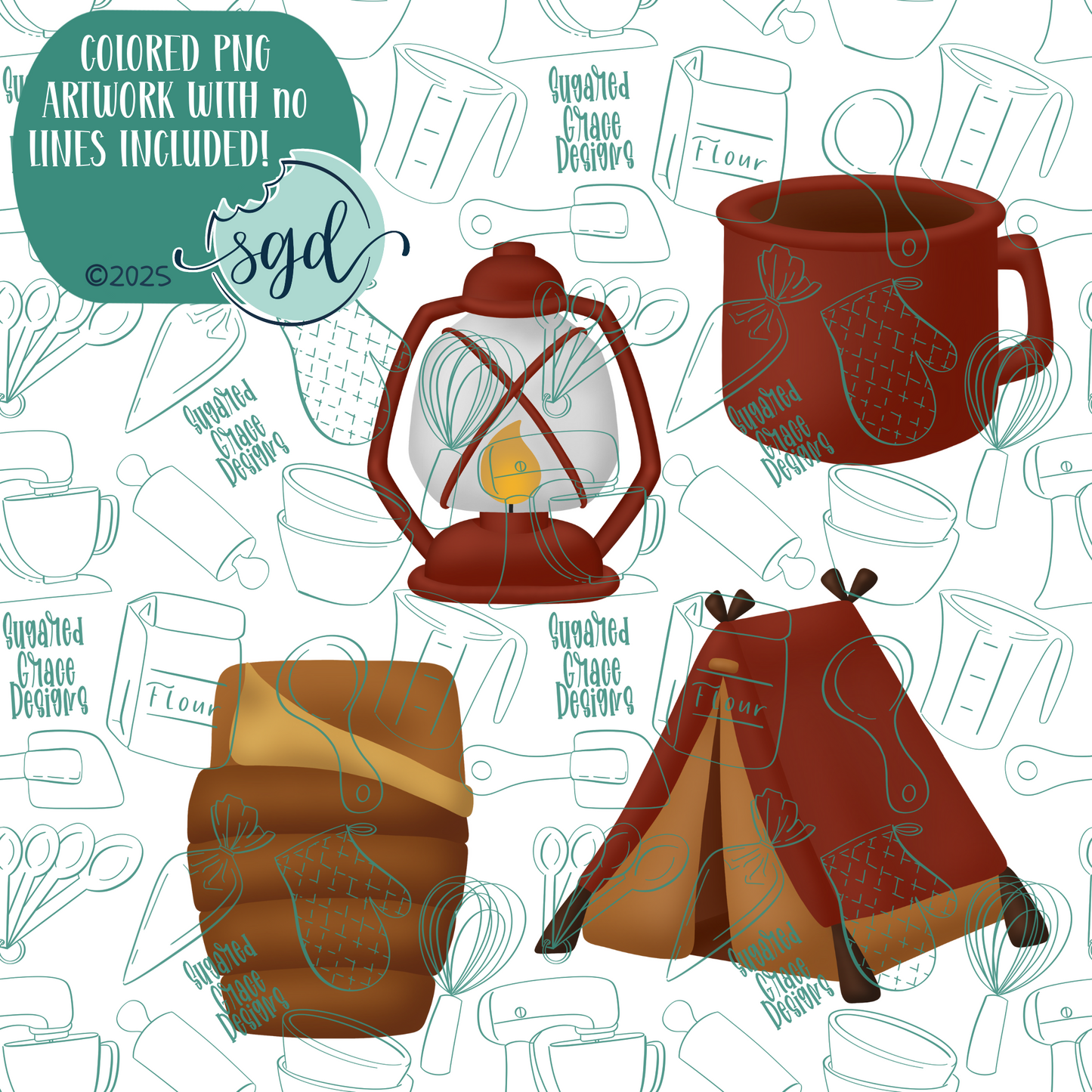Camping Cookie Cutter Set of 4 with PNG Images to Match - Hand Drawn Graphics for Edible Ink Printers