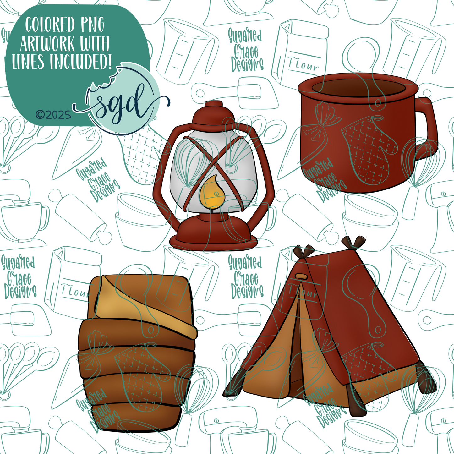 Camping Cookie Cutter Set of 4 with PNG Images to Match - Hand Drawn Graphics for Edible Ink Printers
