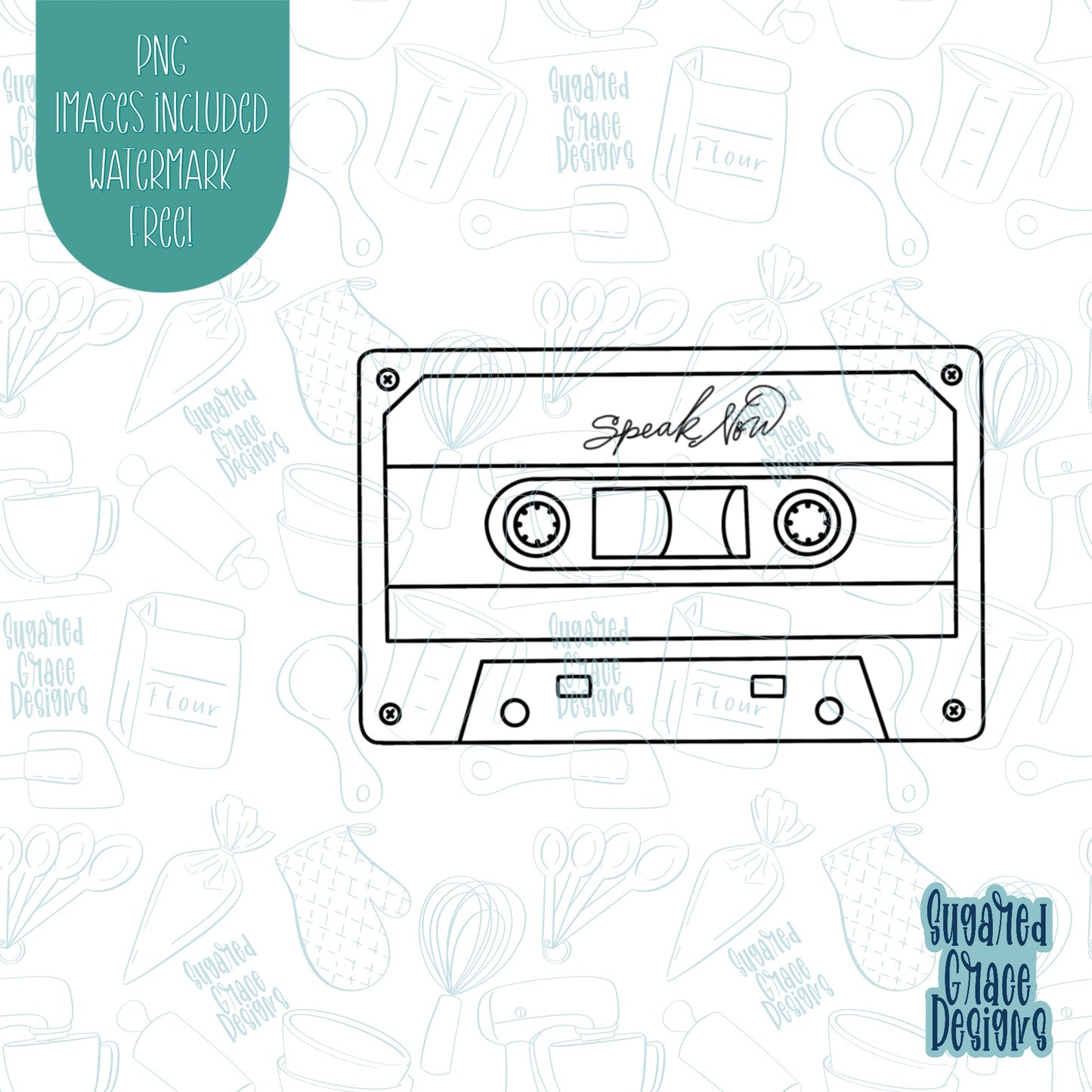 Cassette tape cookie cutter with png images for edible ink printers including Eddie