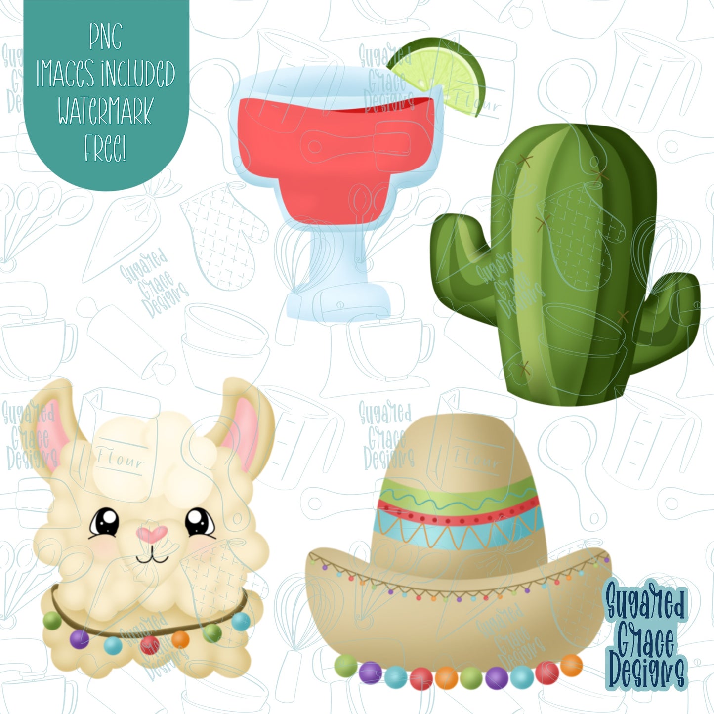 Cinco De Mayo Llama Cookie Cutter Set of 4 with Matching PNG Images for Edible Ink Printers Including Eddie