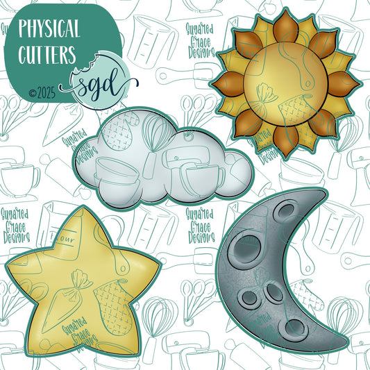 Celestial Sun Moon and Star Cookie Cutter Set of 4 with PNG Images to Match - Hand Drawn Graphics for Edible Ink Printers