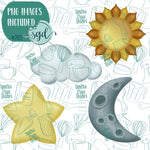 Celestial Sun Moon and Star Cookie Cutter Set of 4 with PNG Images to Match - Hand Drawn Graphics for Edible Ink Printers