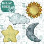 Celestial Sun Moon and Star Cookie Cutter Set of 4 with PNG Images to Match - Hand Drawn Graphics for Edible Ink Printers