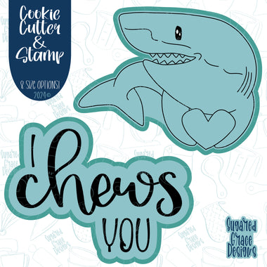 Chews You Shark Punny Valentines Day Cookie Cutter with Matching Stamp for Fondant Decorating