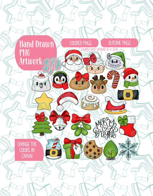 Christmas Advent PNG Image Set of 24 for Edible Ink Printers - Hand Drawn Editable Graphics