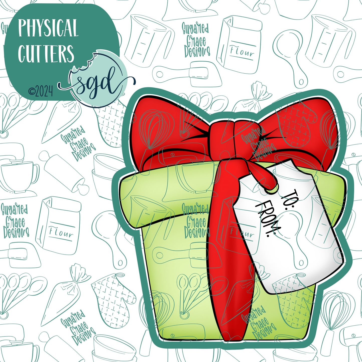 Christmas Gift with Tag Cookie Cutter with PNG Images to Match - Hand Drawn Graphics for Edible Ink Printers
