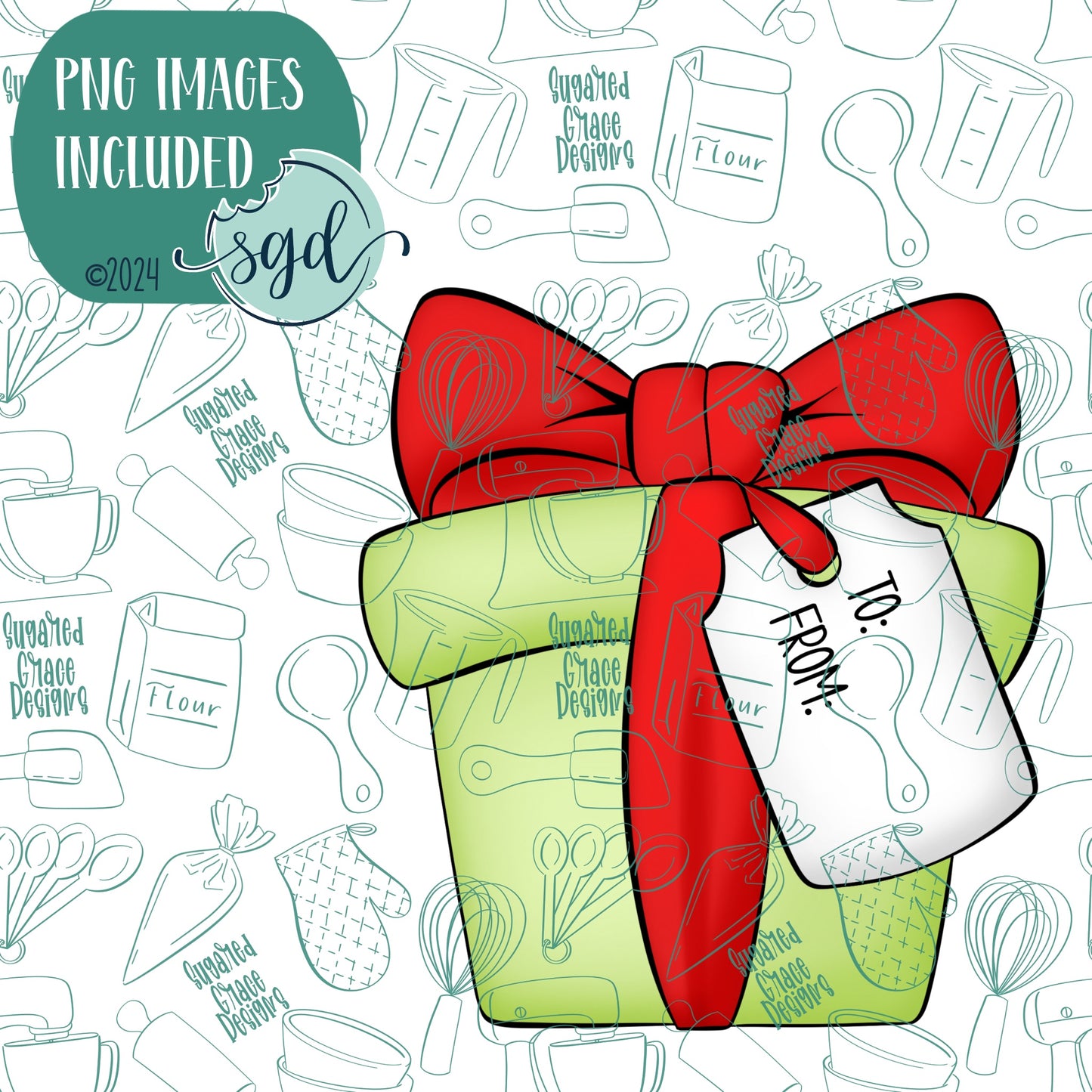 Christmas Gift with Tag Cookie Cutter with PNG Images to Match - Hand Drawn Graphics for Edible Ink Printers