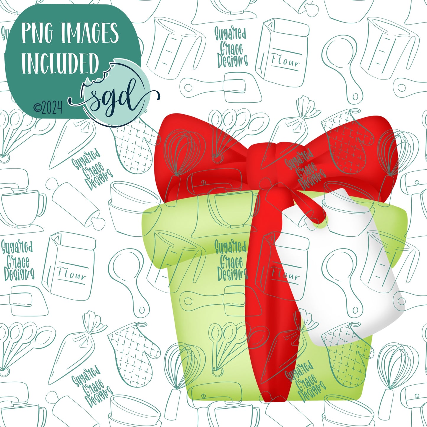 Christmas Gift with Tag Cookie Cutter with PNG Images to Match - Hand Drawn Graphics for Edible Ink Printers