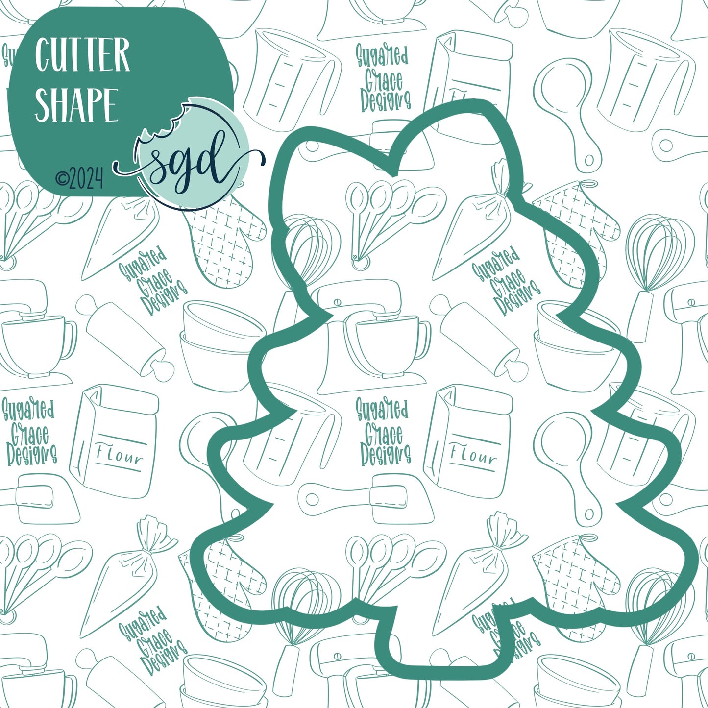 Christmas Tree with Bow Cookie Cutter with PNG Images to Match - Hand Drawn Graphics for Edible Ink Printers