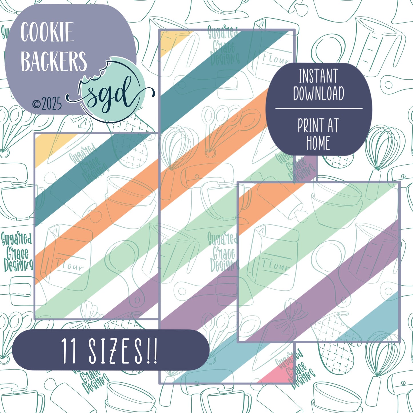 Chubby Easter Striped Cookie Backers in PDF file format with 11 sizes to choose from - Hand Drawn packaging for bags and boxes