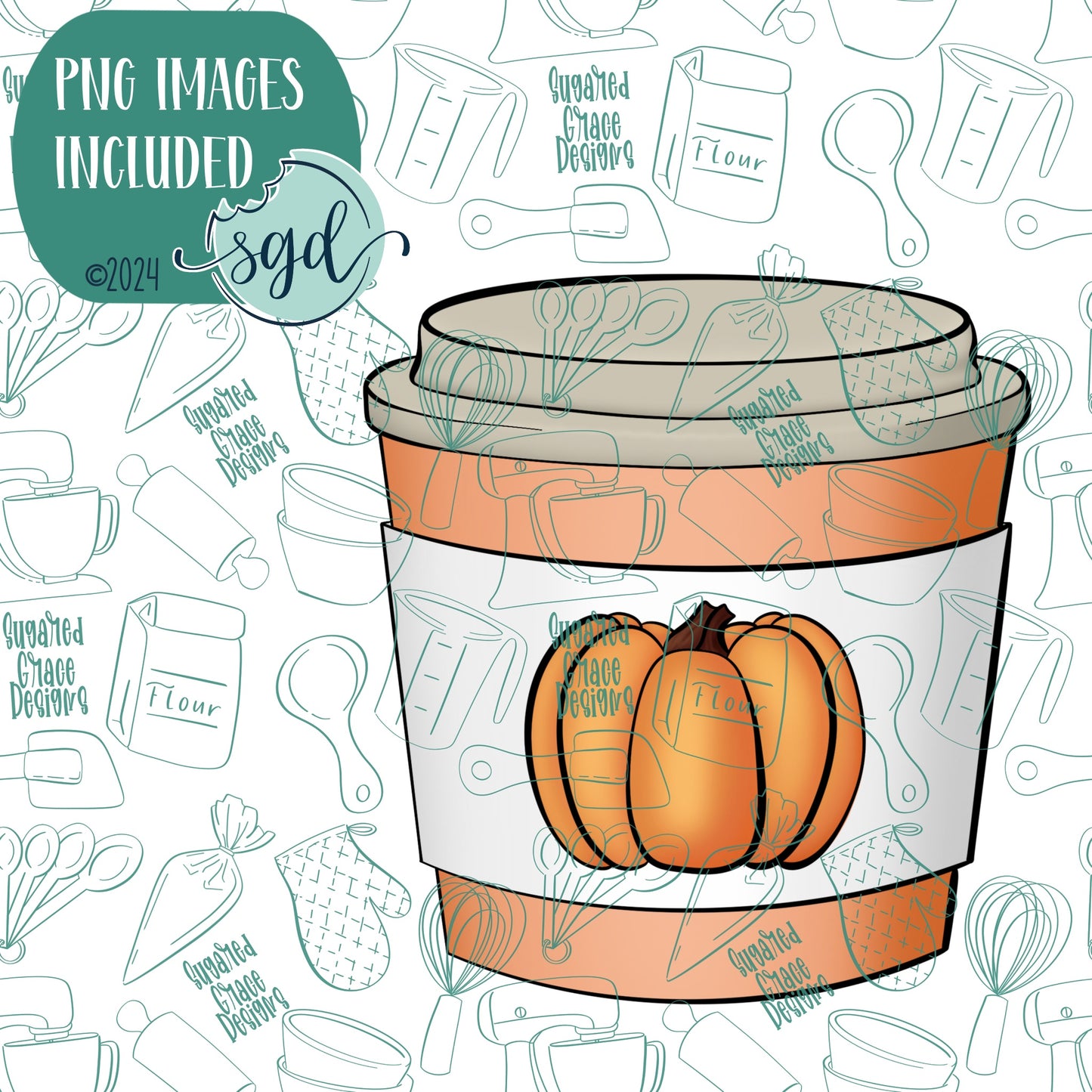 Chubby Pumpkin Spice Latte Coffee Cup Cookie Cutter with PNG Images to Match - Hand Drawn Graphics for Edible Ink Printers - Fall Autumn Cookie Ideas