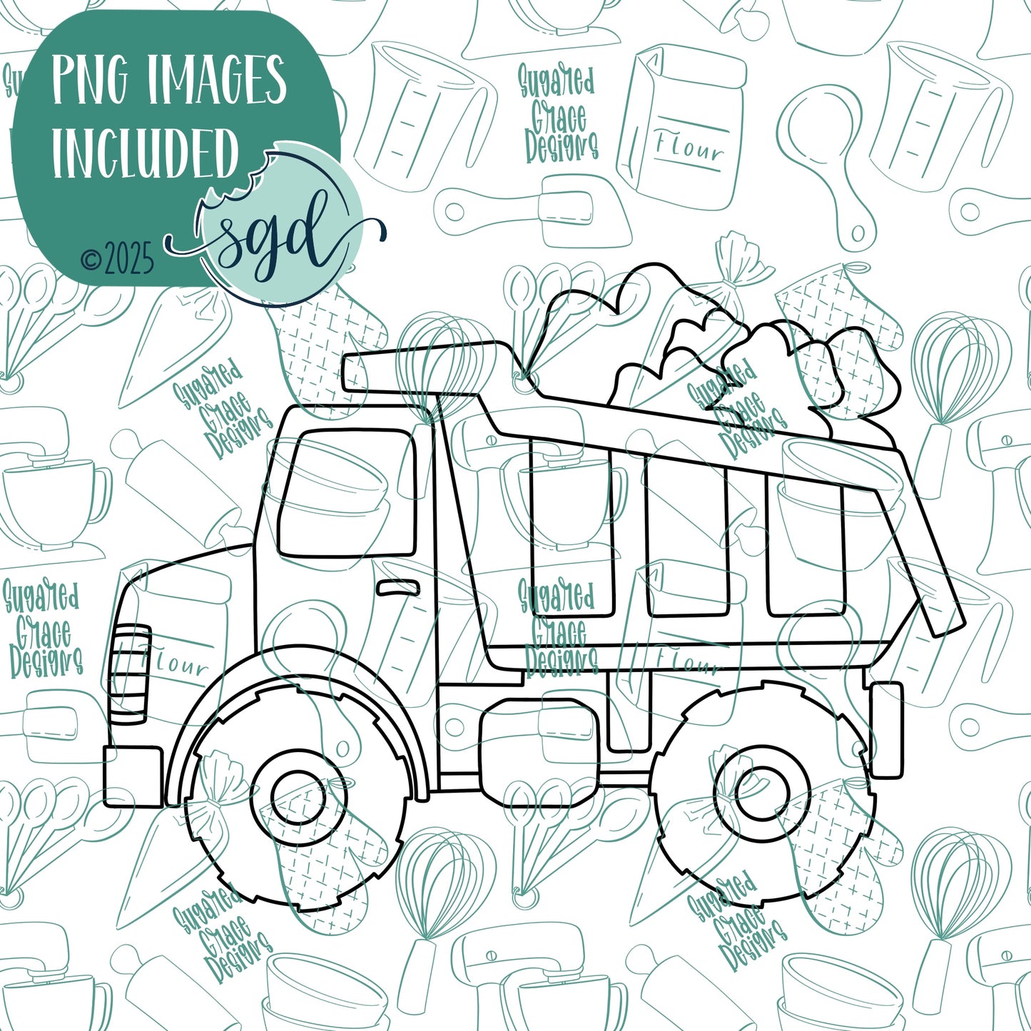 Loads of Luck Dump Truck Cookie Cutter with PNG Images to Match - Hand Drawn Graphics for Edible Ink Printers