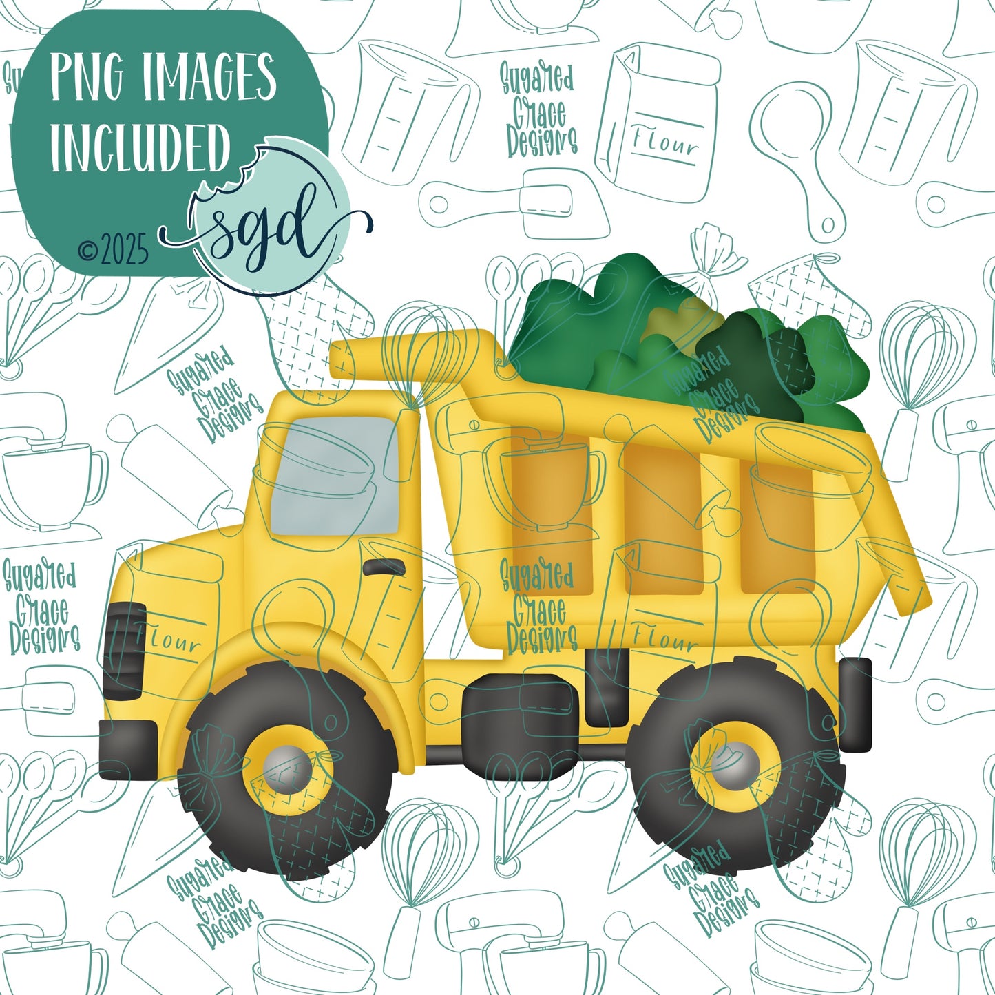 Loads of Luck Dump Truck Cookie Cutter with PNG Images to Match - Hand Drawn Graphics for Edible Ink Printers