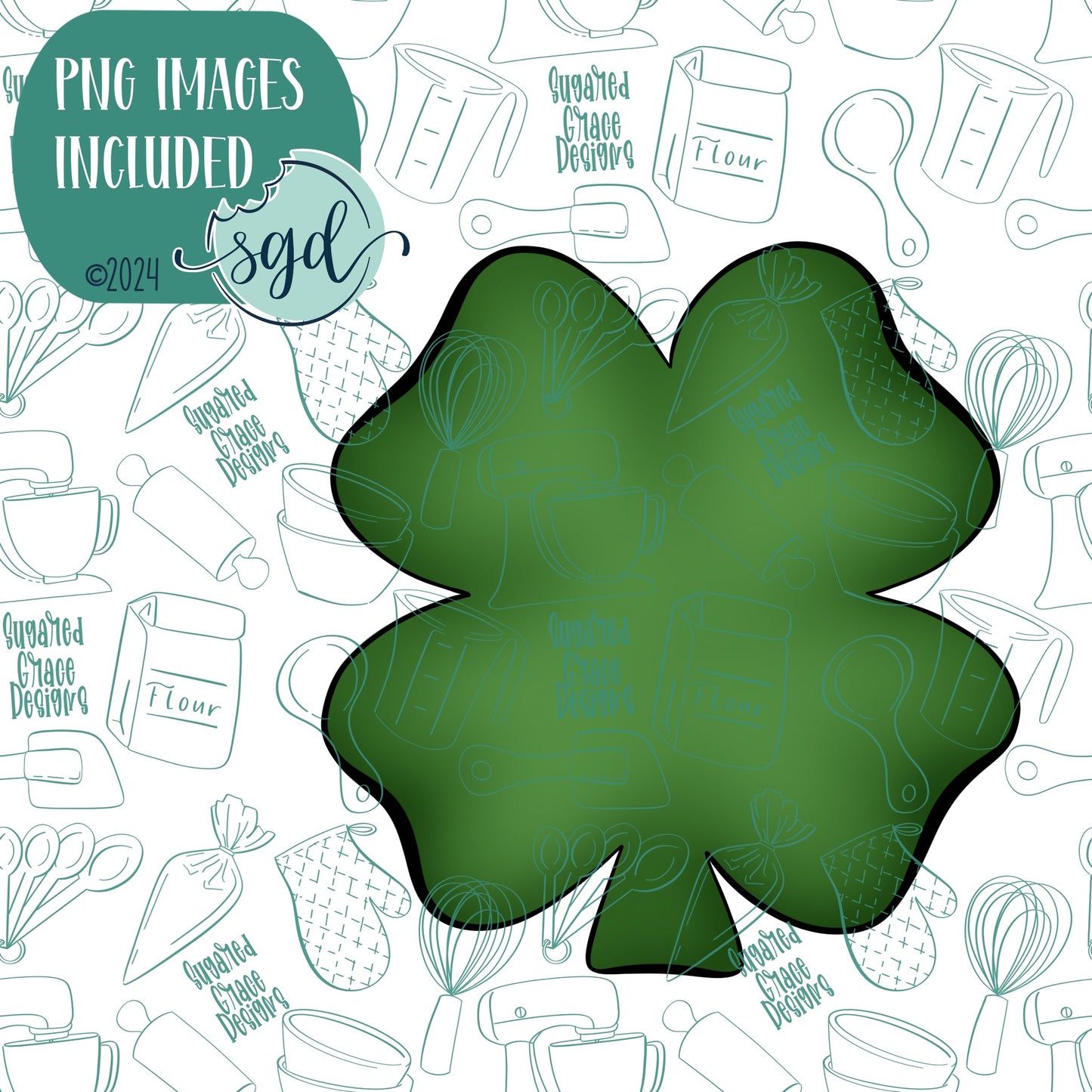 St Patricks Day Four Leaf Clover Cookie Cutter with PNG Images to Match - Hand Drawn Graphics for Edible Ink Printers