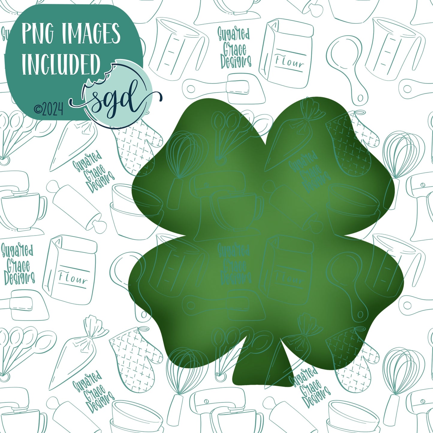 St Patricks Day Four Leaf Clover Cookie Cutter with PNG Images to Match - Hand Drawn Graphics for Edible Ink Printers