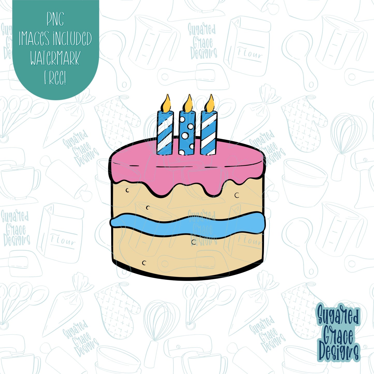 Comic Style Birthday Cake cookie cutter with png images for edible printers