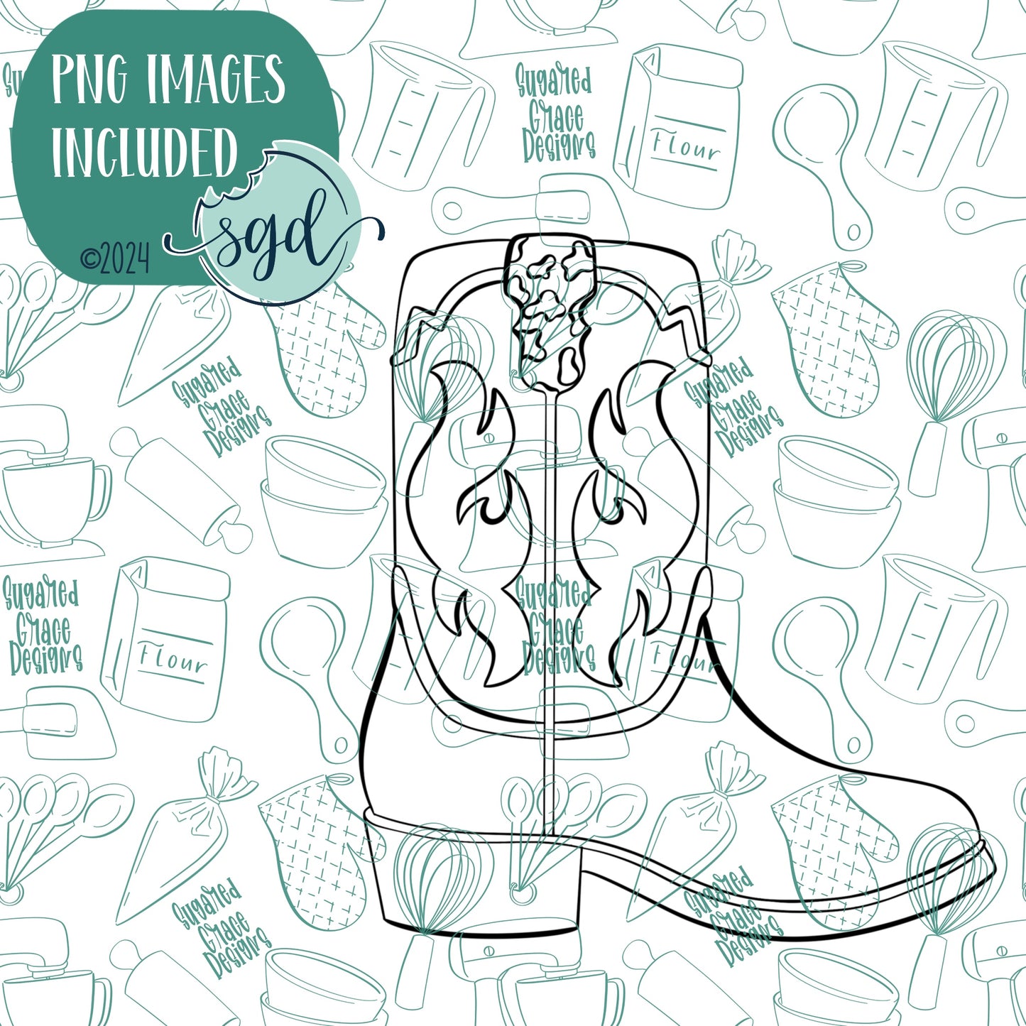Pink Cowgirl Boot Cookie Cutter with PNG Images to Match - Hand Drawn Graphics for Edible Ink Printers