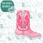 Pink Cowgirl Boot Cookie Cutter with PNG Images to Match - Hand Drawn Graphics for Edible Ink Printers