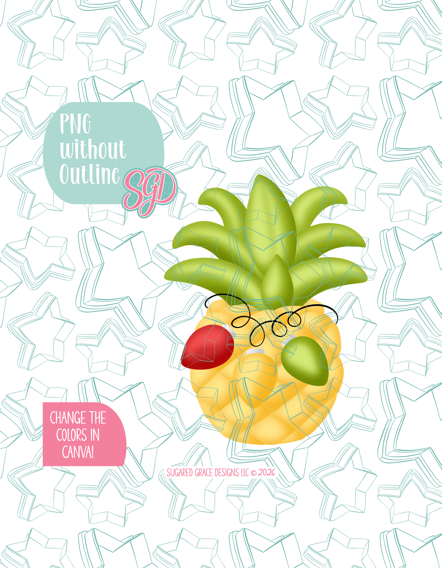Full color version of the illustrated Christmas Pineapple, shown without black outlines on a background watermarked with Sugared Grace Designs’ tag star pattern