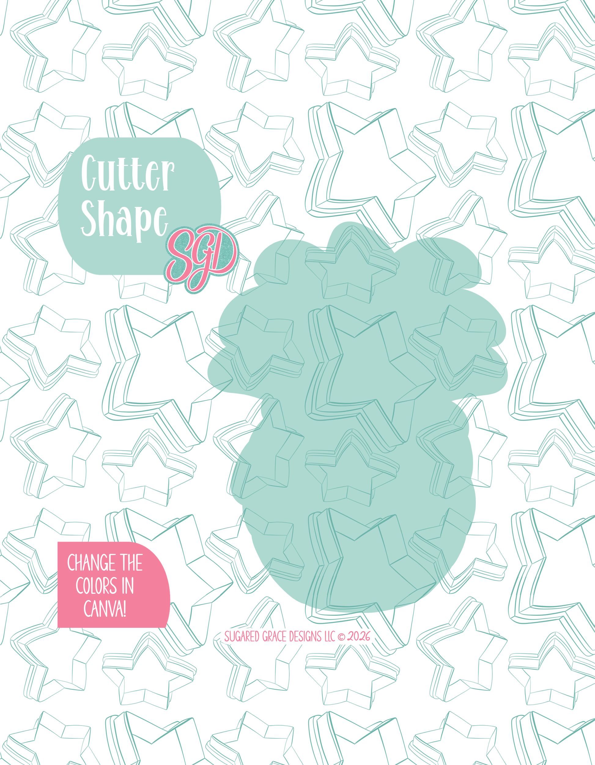 Solid teal silhouette showing the exact outer shape of the Christmas Pineapple cookie cutter, displayed on a background watermarked with Sugared Grace Design’s teal star pattern