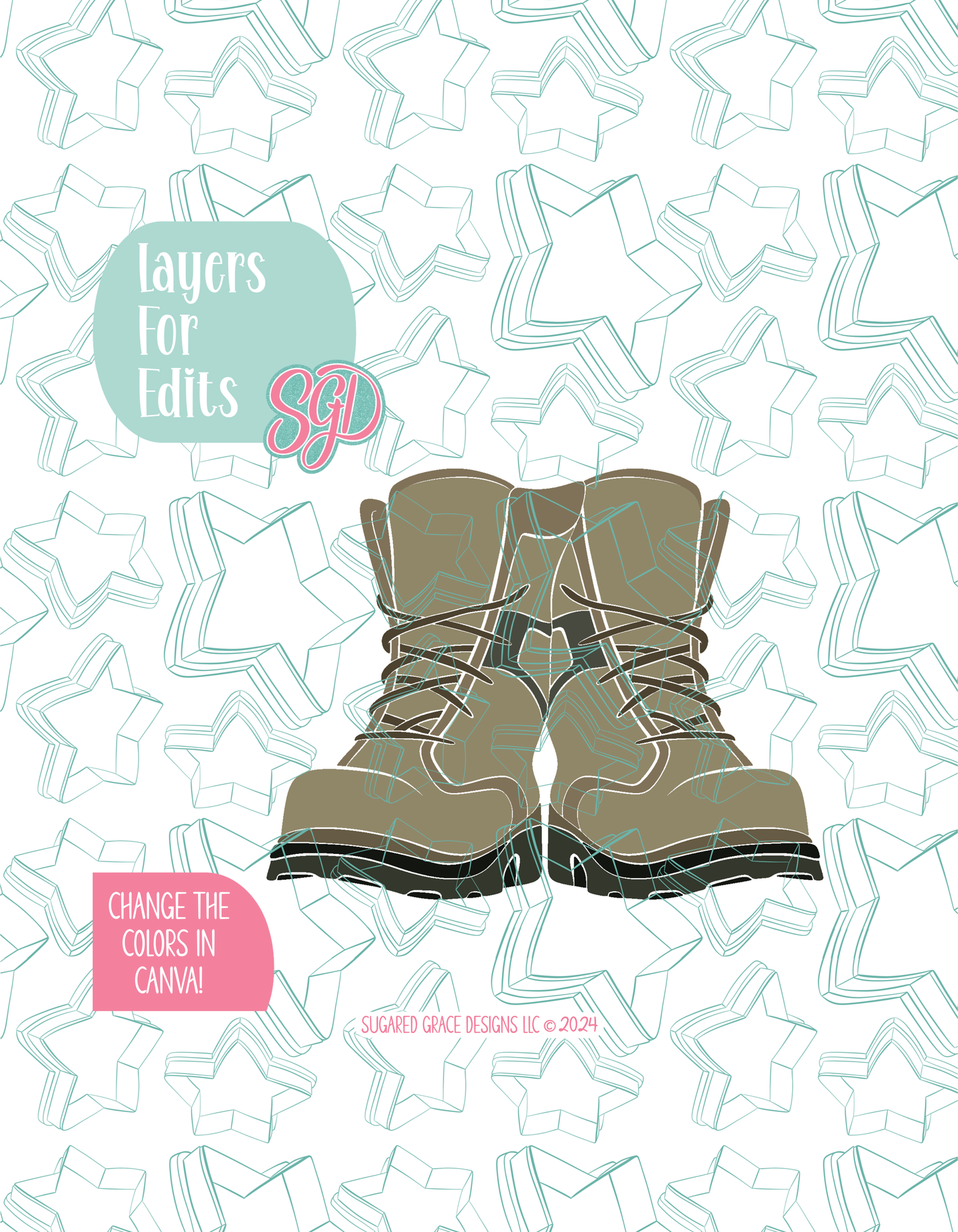 Colored layer breakdown of the combat boots showing each section in a different color, with every color representing a separate editable layer in Canva. Displayed on a background watermarked with Sugared Grace Designs’ teal star pattern