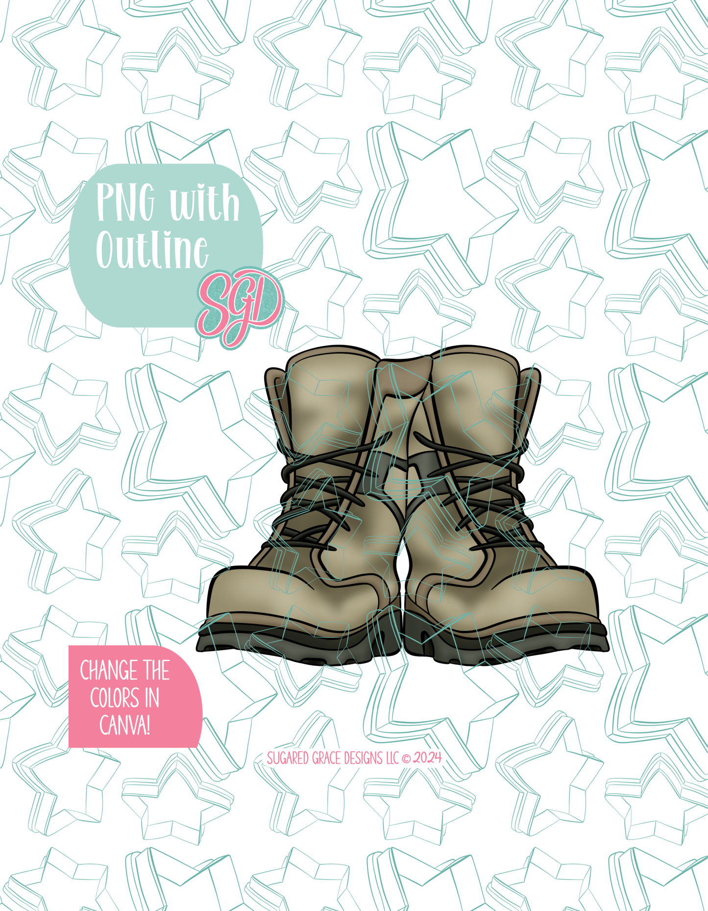 Full color illustrated pair of  combat boots, shown with a black outline on a background watermarked with Sugared Grace Designs’ teal star pattern