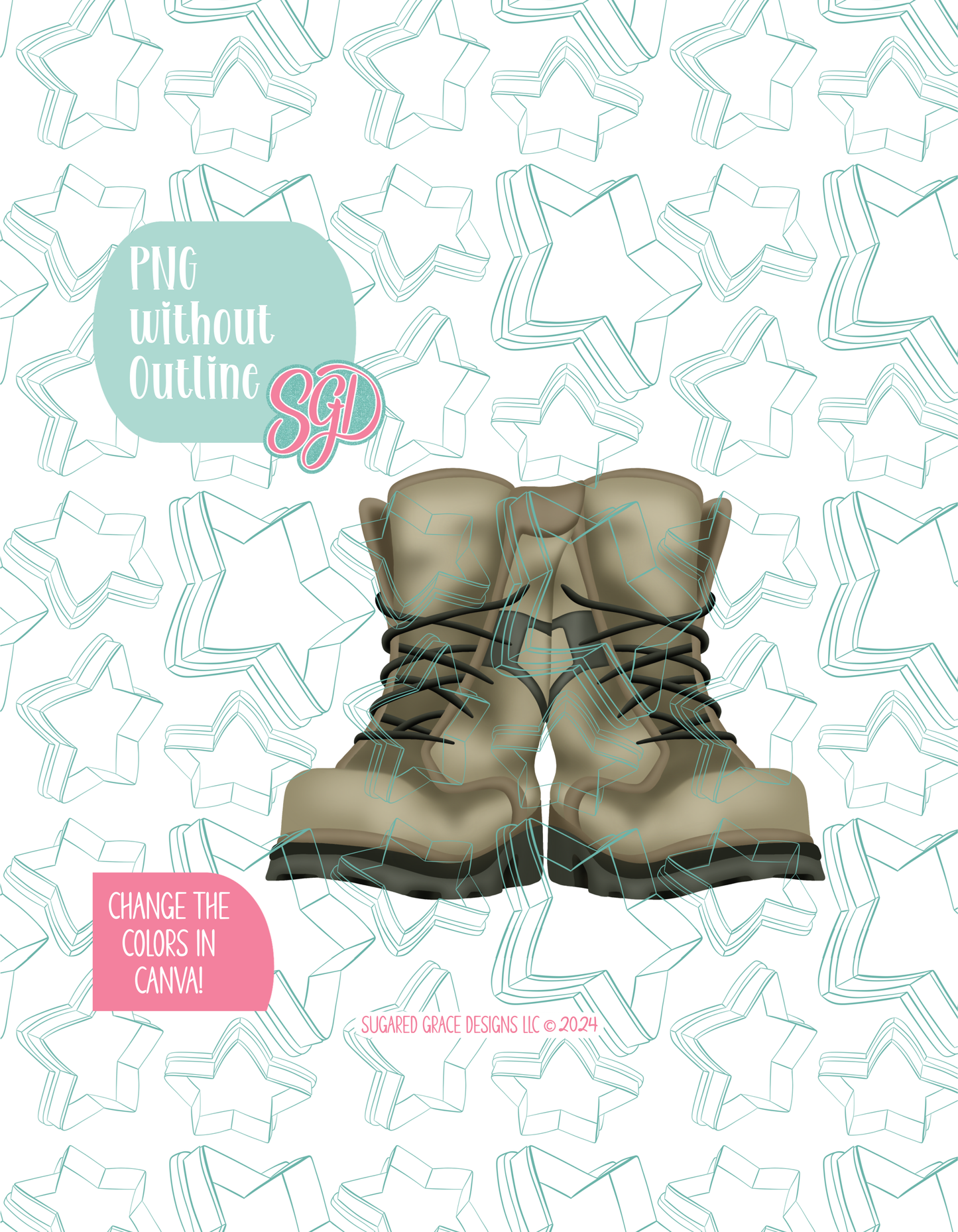 Full color version of the illustrated pair of combat boots, shown without black outlines on a background watermarked with Sugared Grace Designs’ tag star pattern