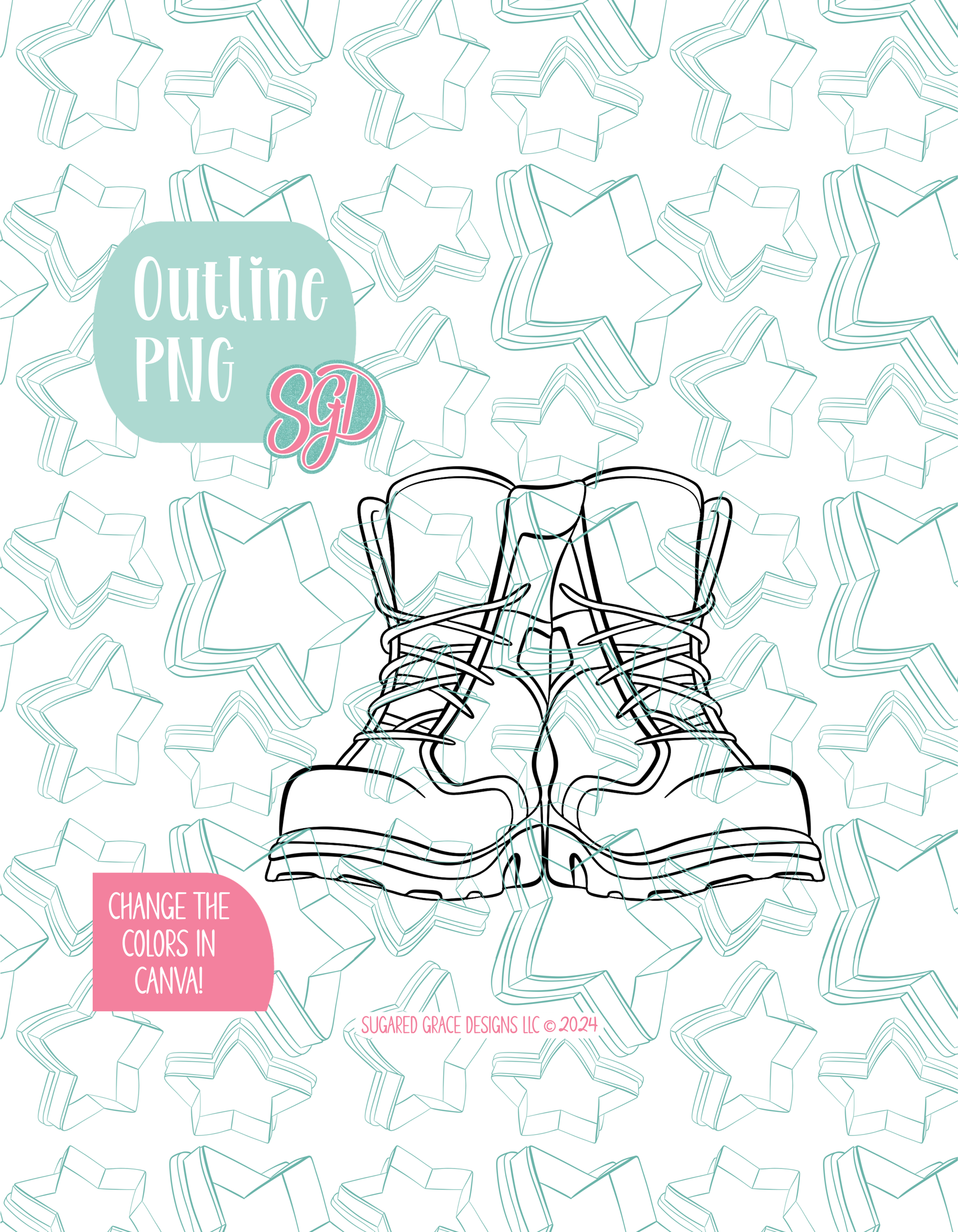 Black line outline drawing of the  combat boots displayed on a background watermarked with Sugared Grace Designs’ teal star pattern