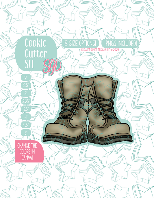 Illustrated pair of combat boots, displayed on a background watermarked with a teal star pattern representing Sugared Grace Design’s brand. Text explains that the listing includes a pair of  combat boots STL cookie cutter in multiple sizes plus editable PNG files.