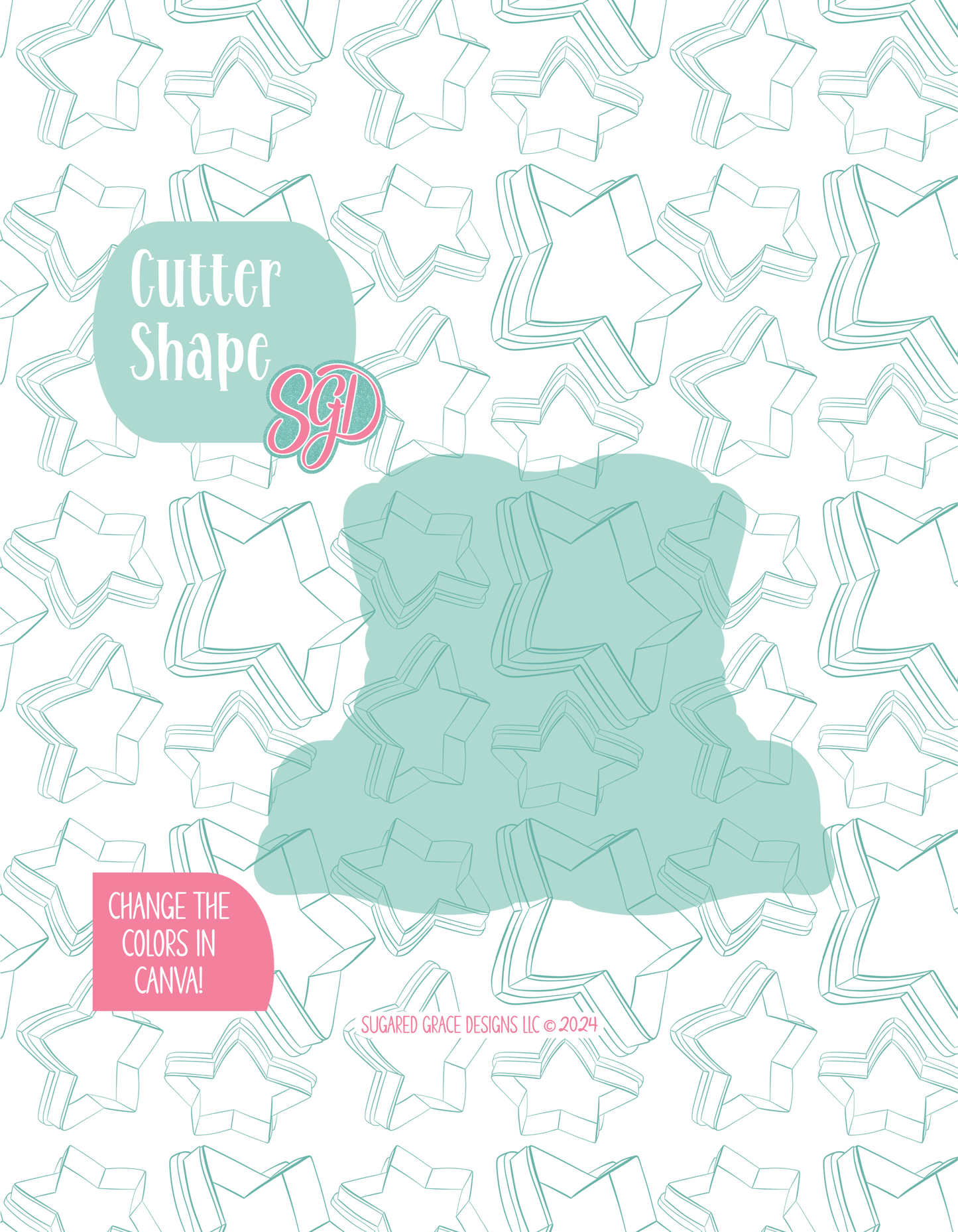 Solid teal silhouette showing the exact outer shape of the  combat boots cookie cutter, displayed on a background watermarked with Sugared Grace Design’s teal star pattern