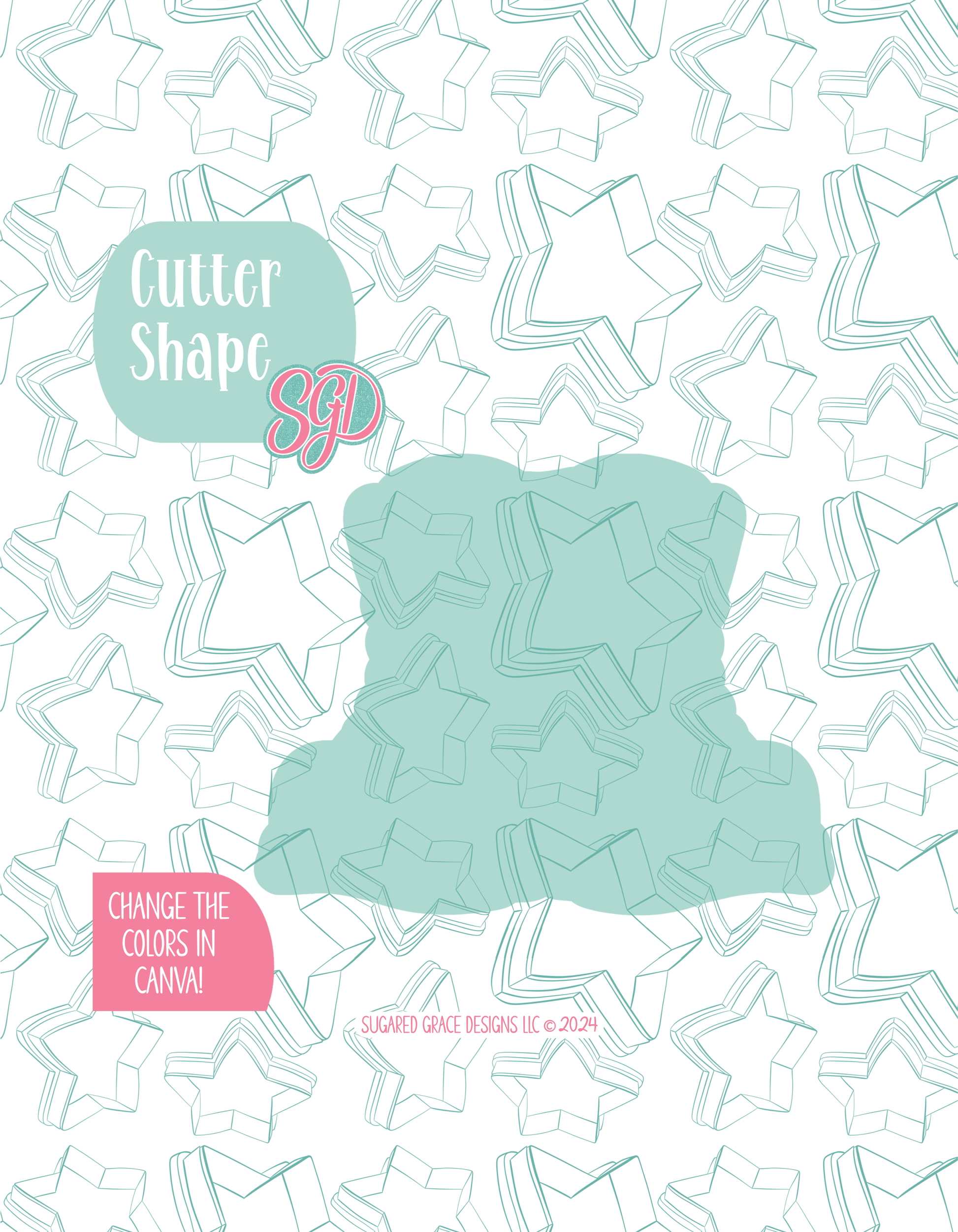 Solid teal silhouette showing the exact outer shape of the  combat boots cookie cutter, displayed on a background watermarked with Sugared Grace Design’s teal star pattern