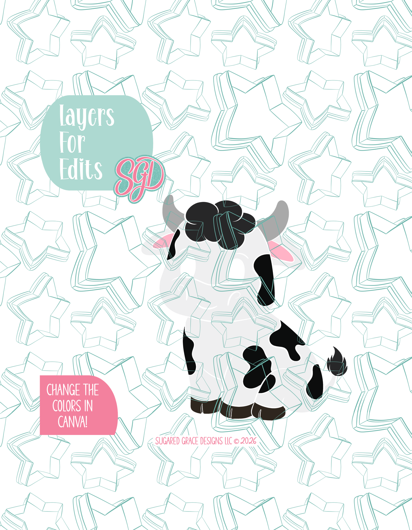 Full color version of the illustrated cow shown without black outlines on a background watermarked with Sugared Grace Designs’ tag star pattern