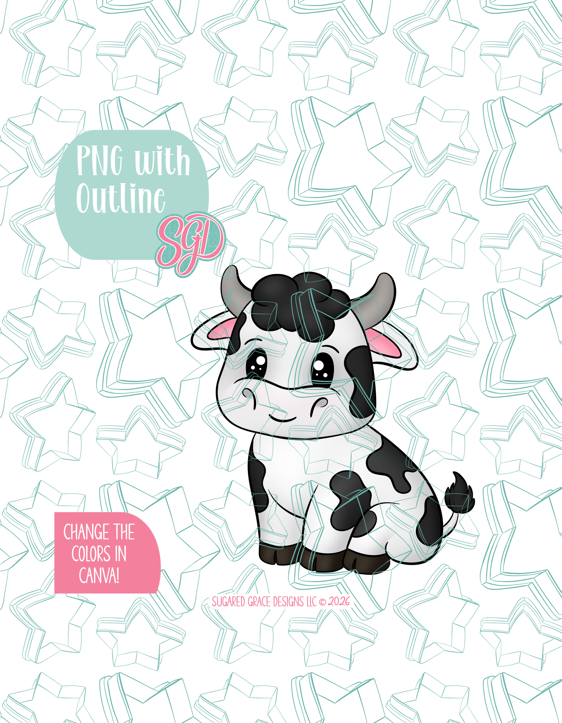 Full color illustrated cow, shown with a black outline on a background watermarked with Sugared Grace Designs’ teal star pattern