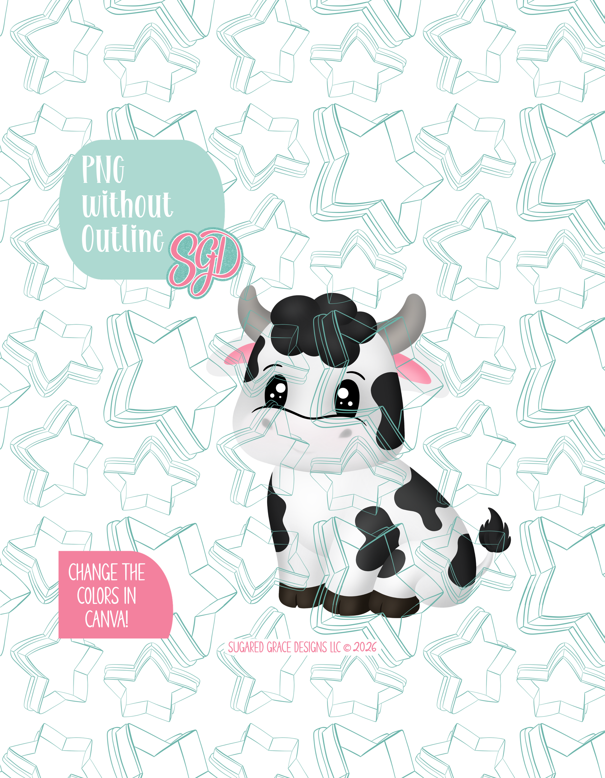 Full color version of the illustrated cow shown without black outlines on a background watermarked with Sugared Grace Designs’ tag star pattern