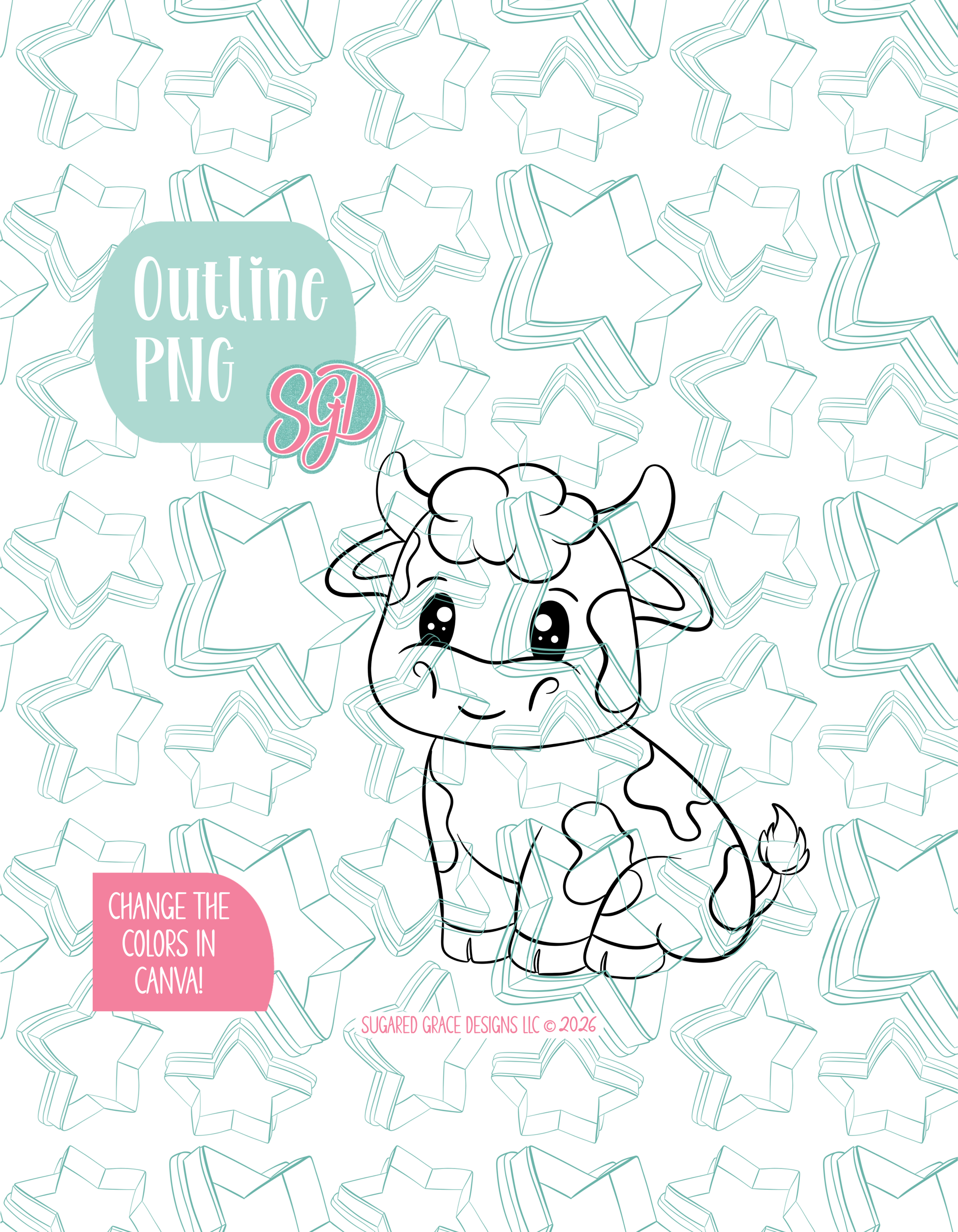Black line outline drawing of the cow displayed on a background watermarked with Sugared Grace Designs’ teal star pattern