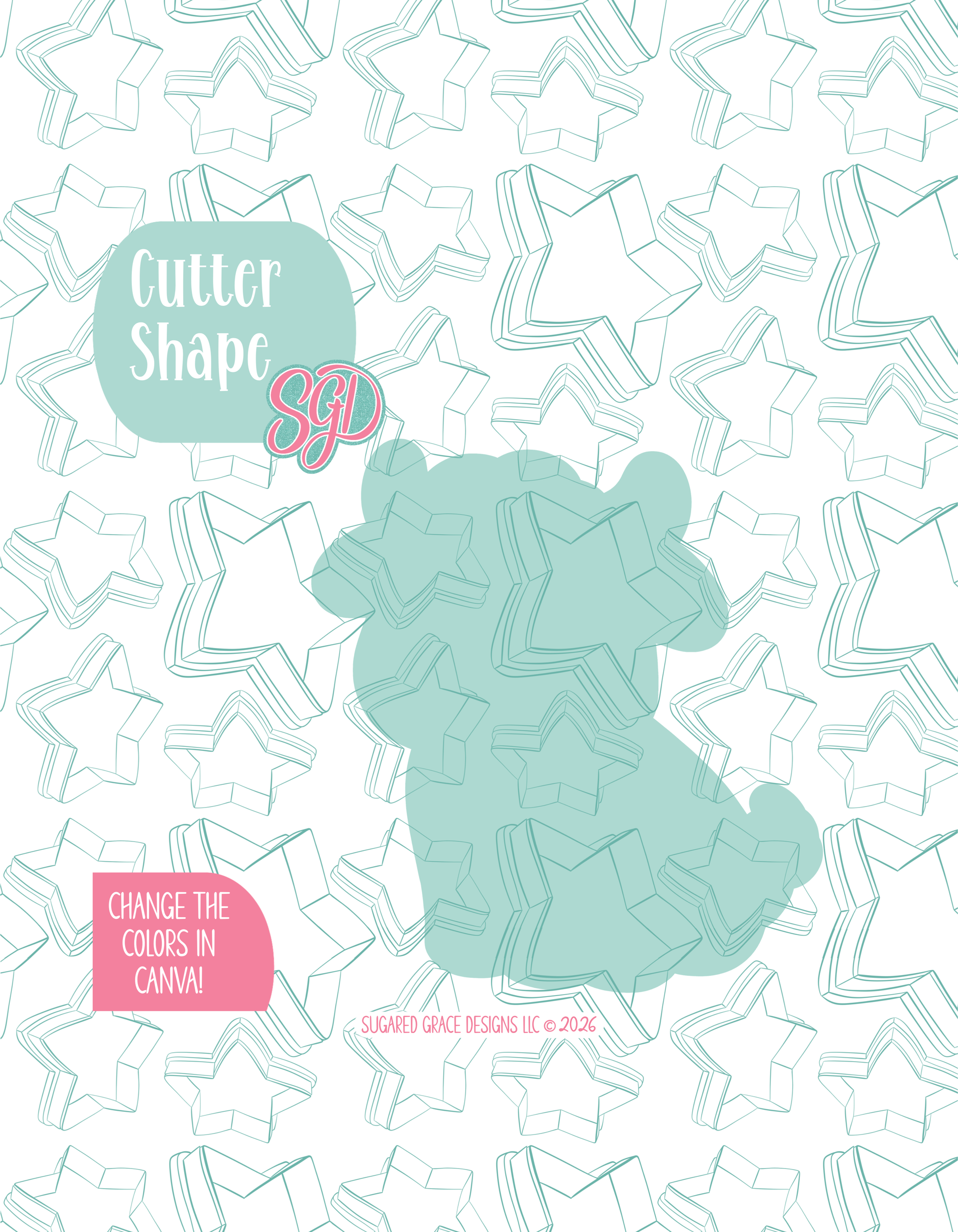 Solid teal silhouette showing the exact outer shape of the cow cookie cutter, displayed on a background watermarked with Sugared Grace Design’s teal star pattern