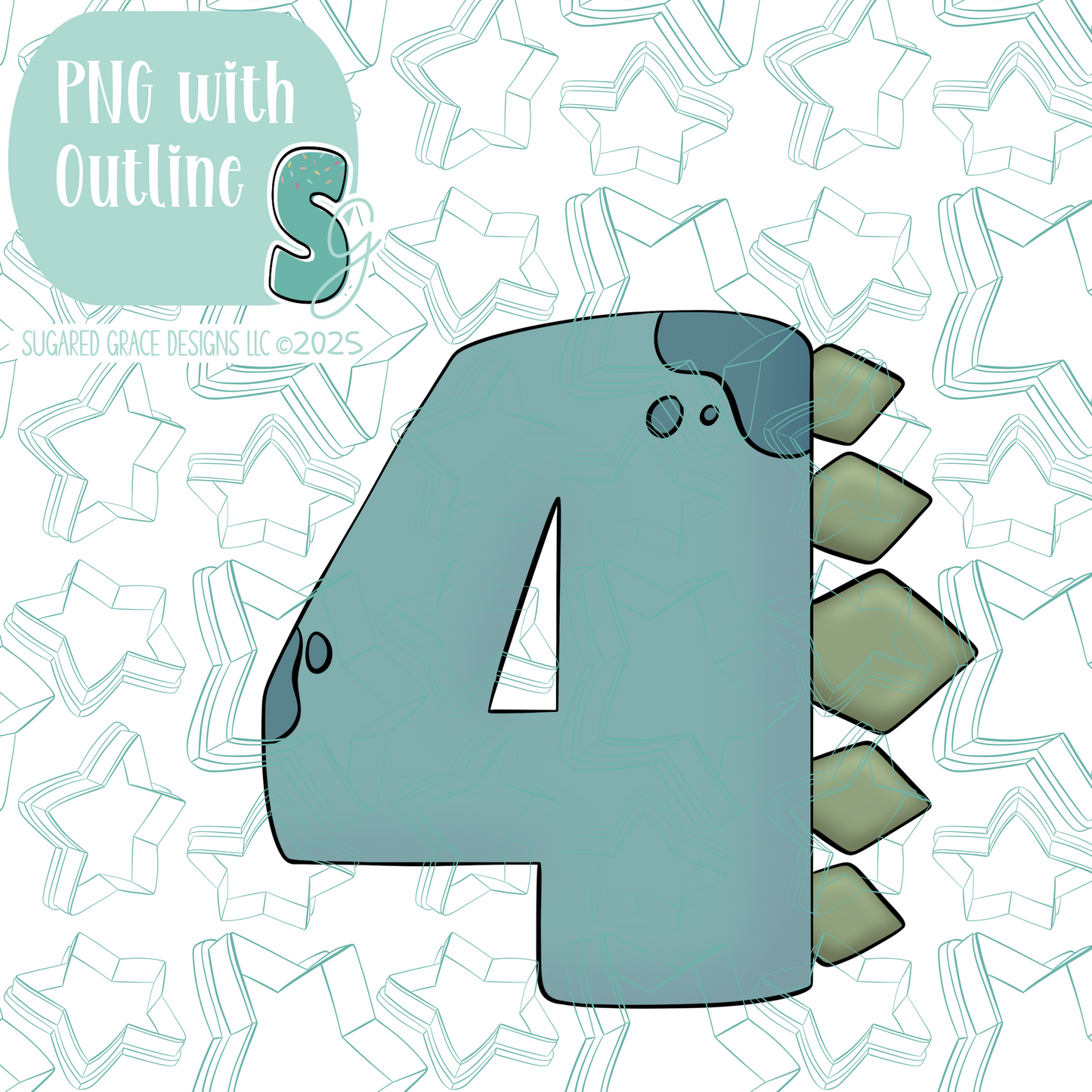 Dinosaur Themed Number 4 Cookie Cutter STL File with PNG Images to Match - For 3D Printing and Edible Ink Printers