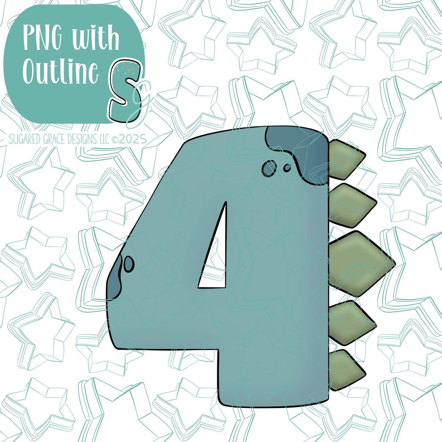 Dino Number 4 Cookie Cutter with PNG Images to Match - Hand Drawn Graphics for Edible Ink Printers