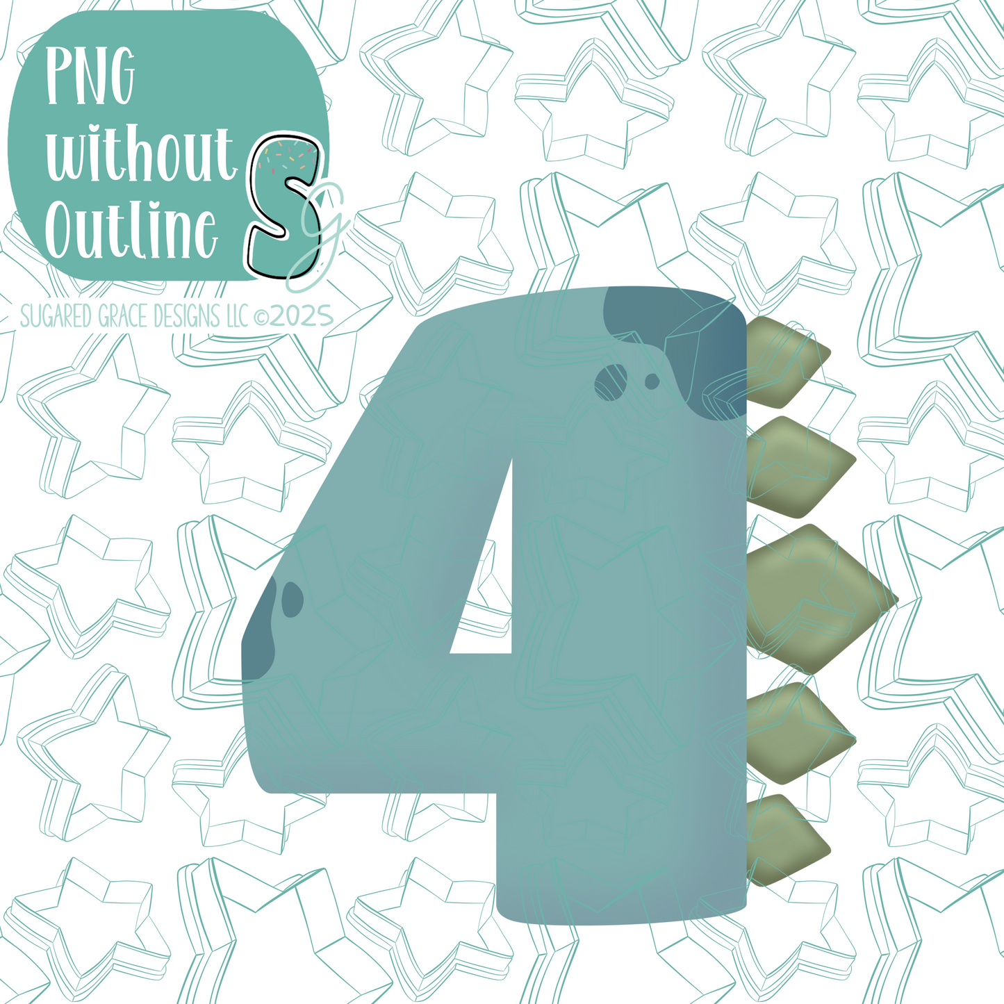 Dino Number 4 Cookie Cutter with PNG Images to Match - Hand Drawn Graphics for Edible Ink Printers