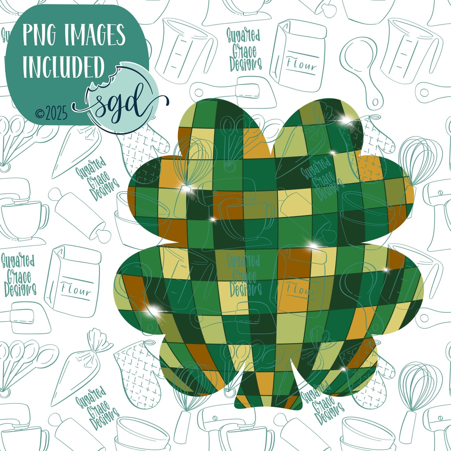 Disco Clover or Shamrock Cookie Cutter with PNG Images to Match - Hand Drawn Graphics for Edible Ink Printers