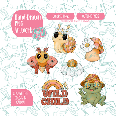 Retro Wild Child Set of 6 Designs for Edible Ink Printers - Hand Drawn Editable Graphics (Digital Download)