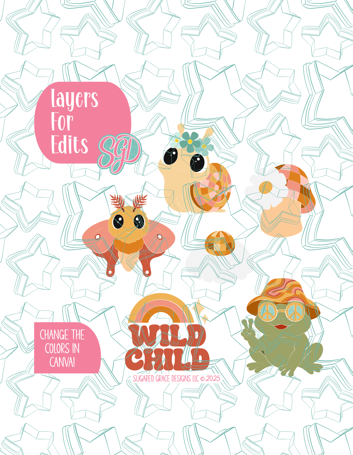 Retro Wild Child Set of 6 Designs for Edible Ink Printers - Hand Drawn Editable Graphics (Digital Download)
