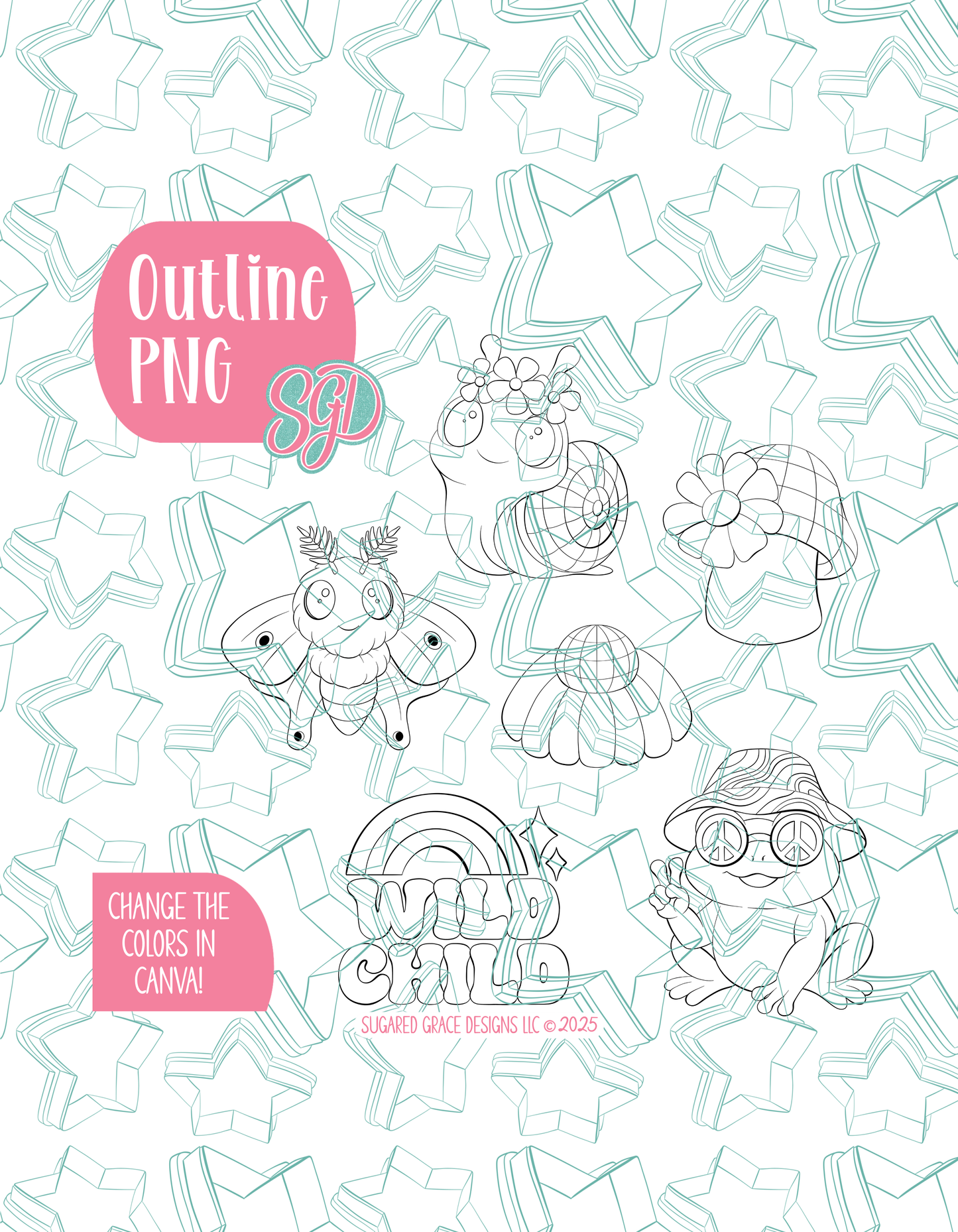 Retro Wild Child Set of 6 Designs for Edible Ink Printers - Hand Drawn Editable Graphics (Digital Download)