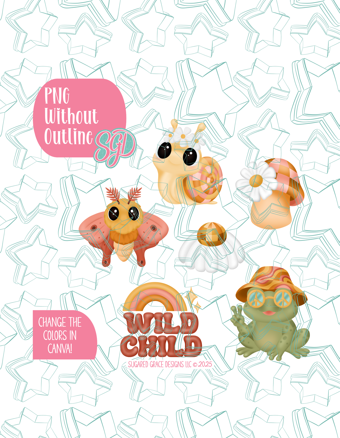 Retro Wild Child Set of 6 Designs for Edible Ink Printers - Hand Drawn Editable Graphics (Digital Download)