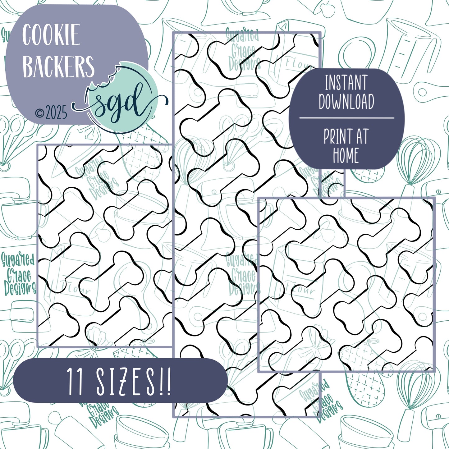 Black & White Dog Bone Pattern Cookie Backers in PDF file format with 11 sizes to choose from - Hand Drawn packaging for bags and boxes