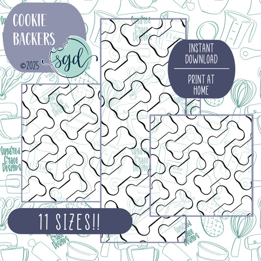 Black & White Dog Bone Pattern Cookie Backers in PDF file format with 11 sizes to choose from - Hand Drawn packaging for bags and boxes