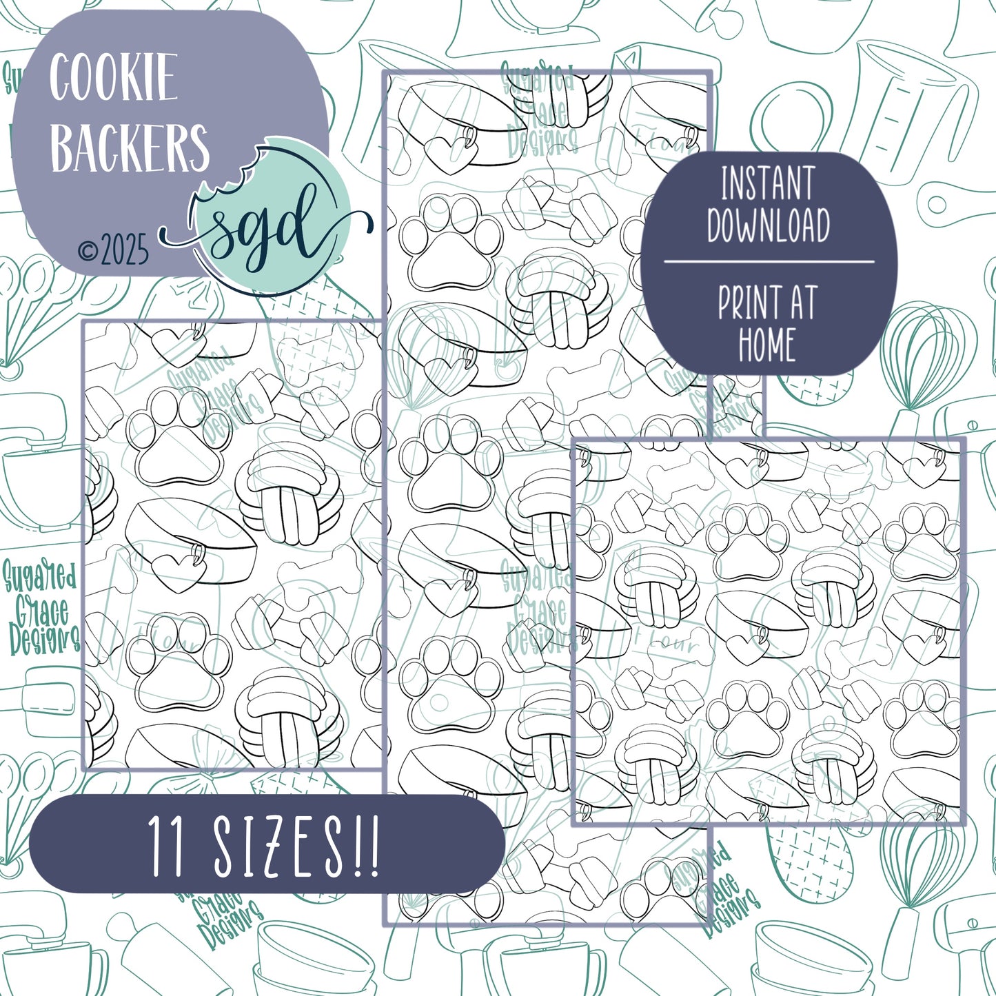 Black & White Dog Pattern Cookie Backers in PDF file format with 11 sizes to choose from - Hand Drawn packaging for bags and boxes