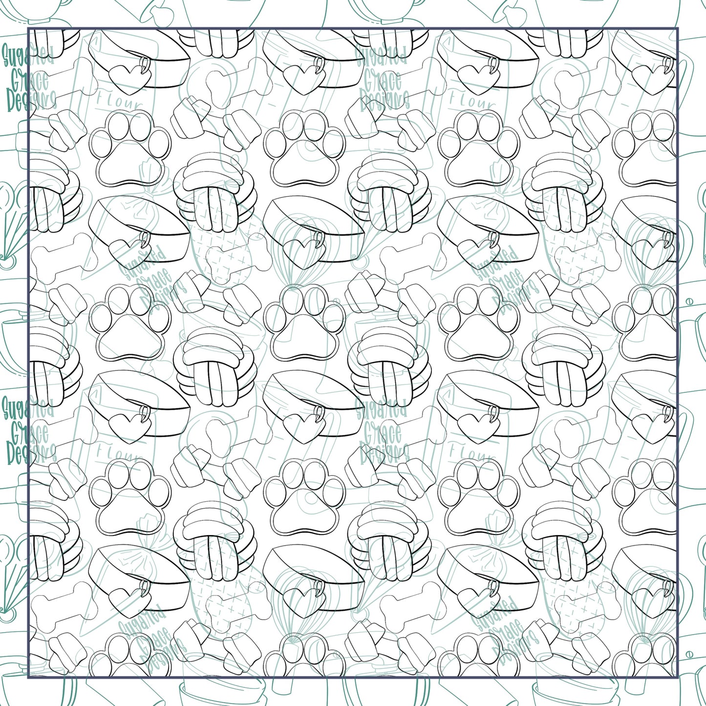 Black & White Dog Pattern Cookie Backers in PDF file format with 11 sizes to choose from - Hand Drawn packaging for bags and boxes